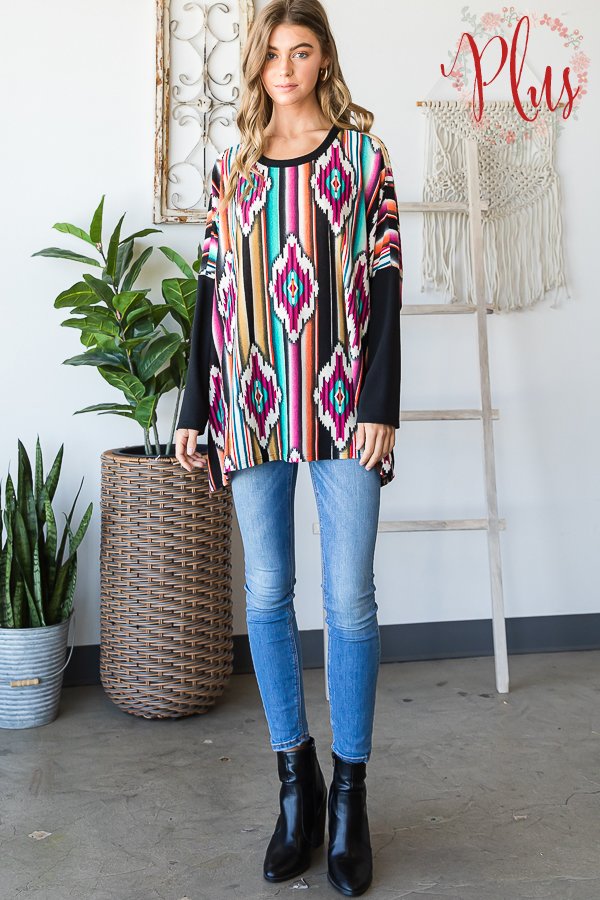 FUCHSIA AZTEC PRINT CONTRAST LONG SLEEVES PLUS SIZE TOP