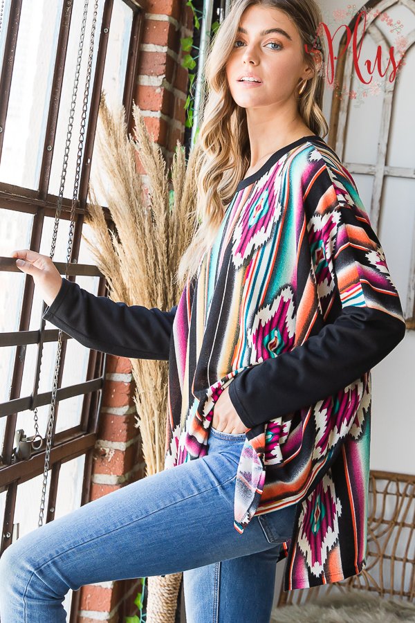 FUCHSIA AZTEC PRINT CONTRAST LONG SLEEVES PLUS SIZE TOP