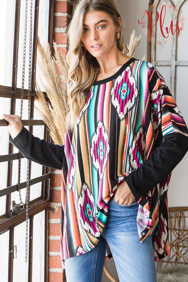 FUCHSIA AZTEC PRINT CONTRAST LONG SLEEVES PLUS SIZE TOP
