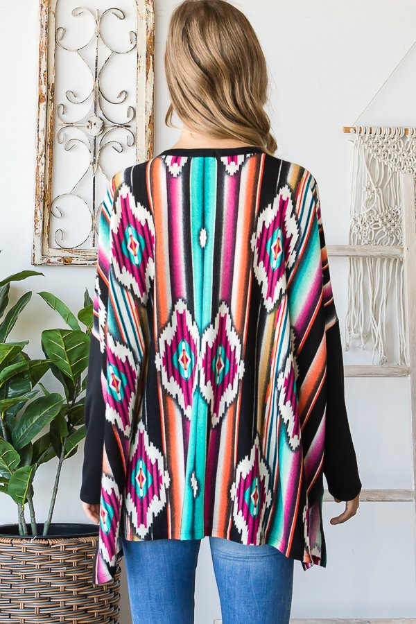 FUCHSIA AZTEC PRINT CONTRAST LONG SLEEVES TOP