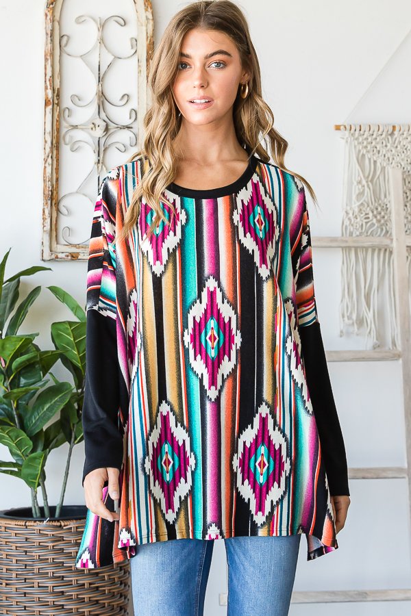 FUCHSIA AZTEC PRINT CONTRAST LONG SLEEVES TOP