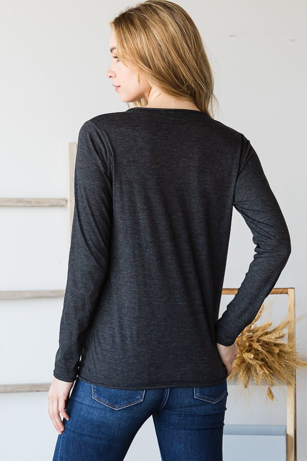 HEATER GREY V-NECK RAW EDGE LONG SLEEVES TOP