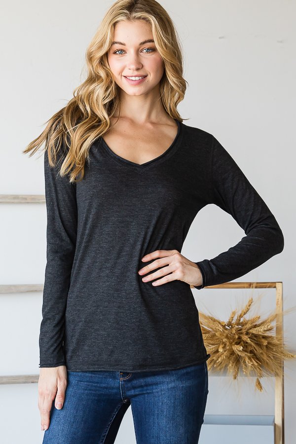 HEATER GREY V-NECK RAW EDGE LONG SLEEVES TOP