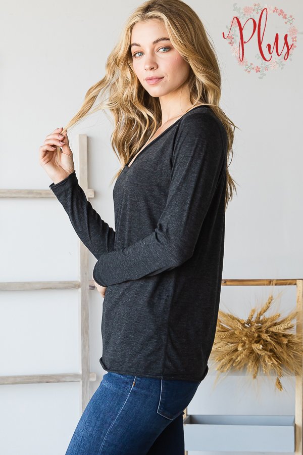 V-NECK RAW EDGE LONG SLEEVES PLUS SIZE TOP HMV114-1-PLUS
