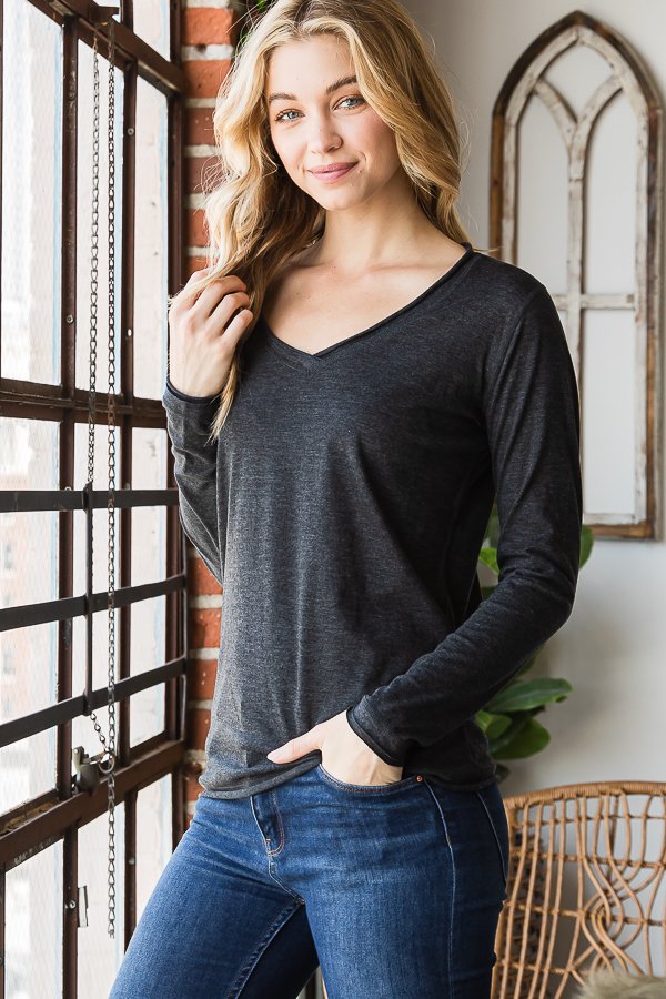 HEATER GREY V-NECK RAW EDGE LONG SLEEVES TOP