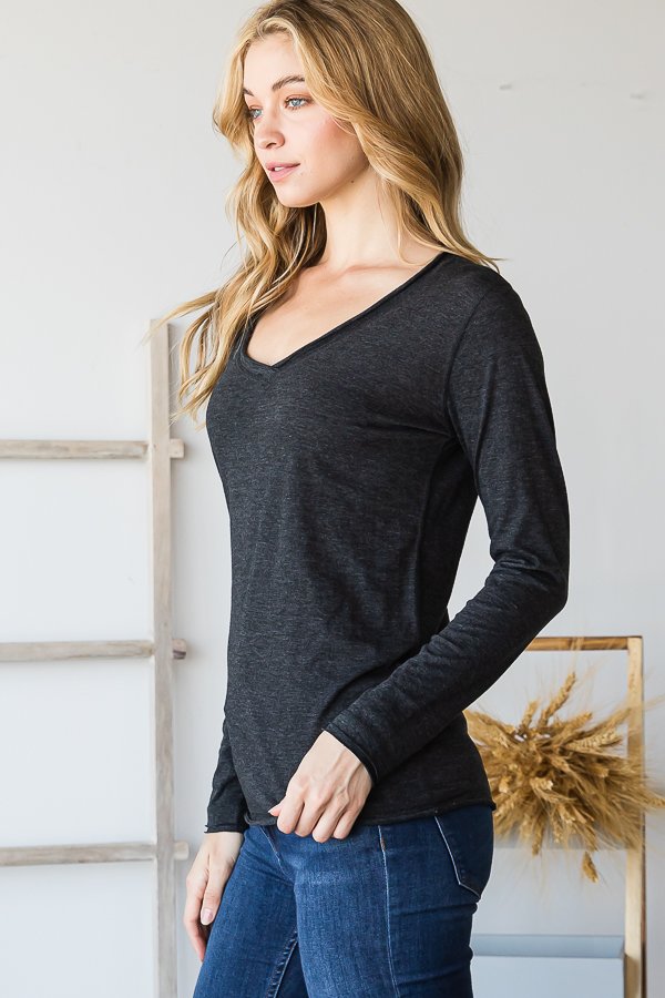 HEATER GREY V-NECK RAW EDGE LONG SLEEVES TOP