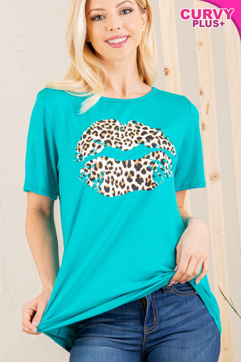 PLUS SIZE SHORT SLEEVE SOLID TOP WITH ANIMAL PRINTED-HMET5006