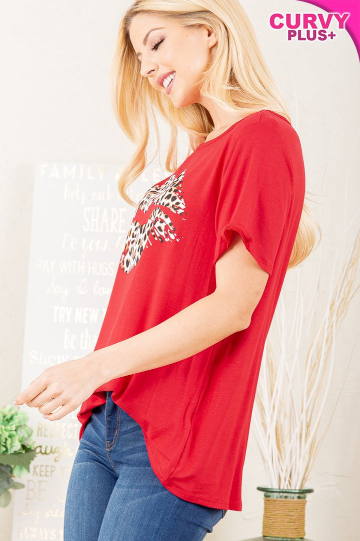 PLUS SIZE SHORT SLEEVE SOLID TOP WITH ANIMAL PRINTED-HMET5006
