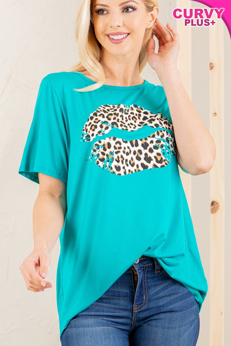PLUS SIZE SHORT SLEEVE SOLID TOP WITH ANIMAL PRINTED-HMET5006