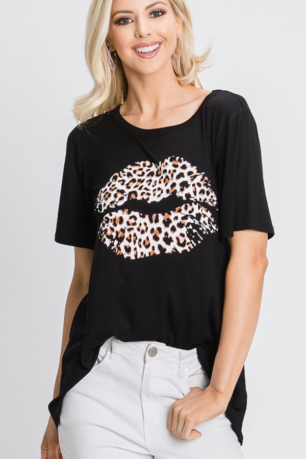 SHORT SLEEVE ROUND NECK SOLID TOP WITH ANIMAL PRINTED-HMET5006