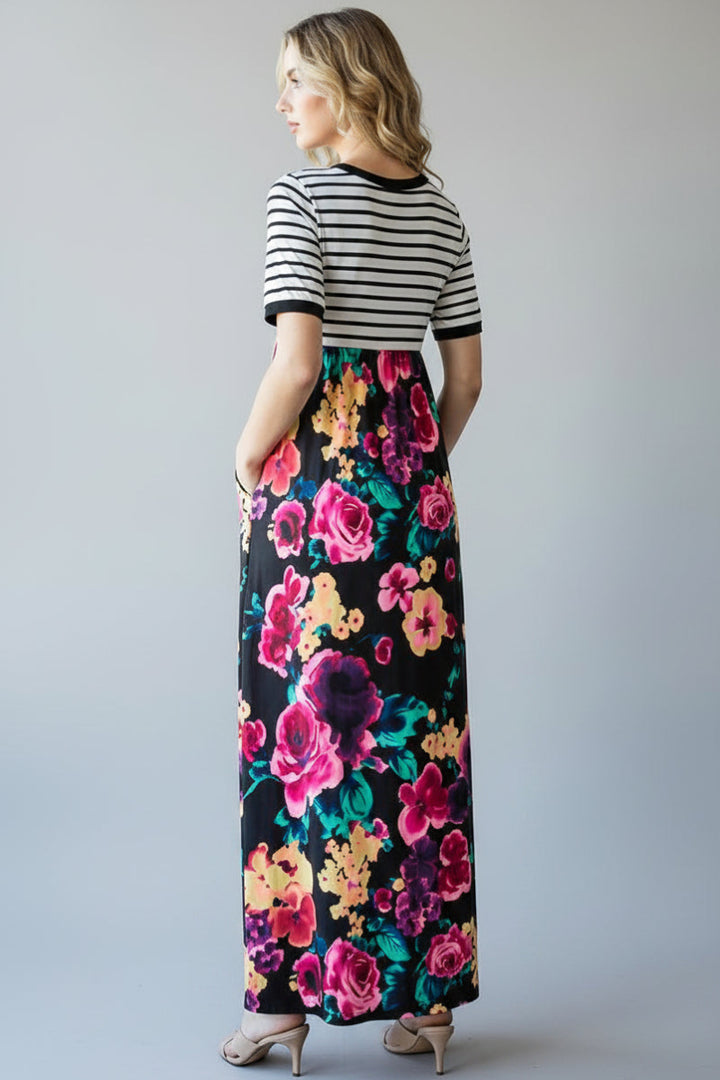 STRIPE FLORAL PRINT CONTRAST MAXI DRESS HMED6600-11