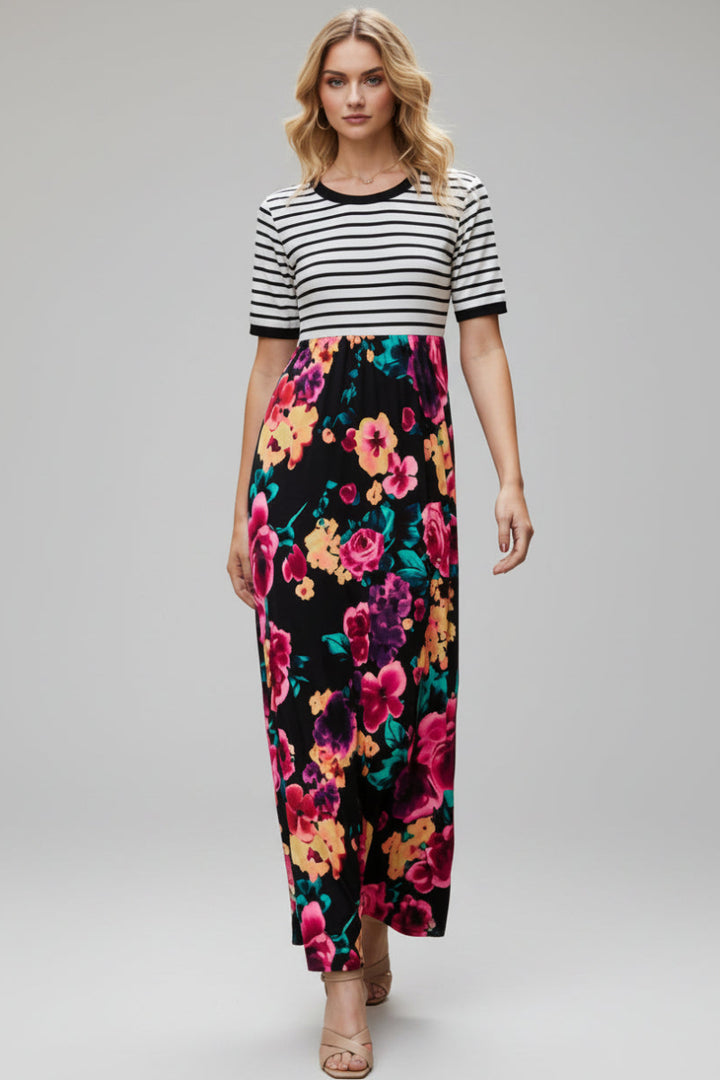 STRIPE FLORAL PRINT CONTRAST MAXI DRESS HMED6600-11