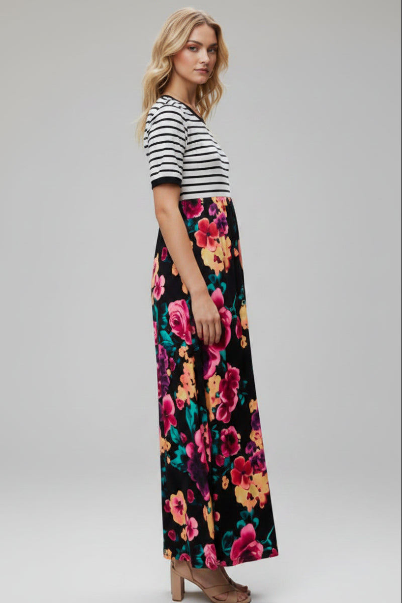 STRIPE FLORAL PRINT CONTRAST MAXI DRESS HMED6600-11