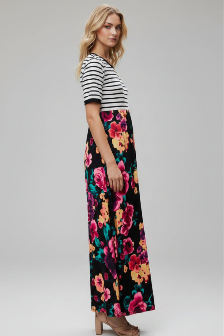 STRIPE FLORAL PRINT CONTRAST MAXI DRESS HMED6600-11