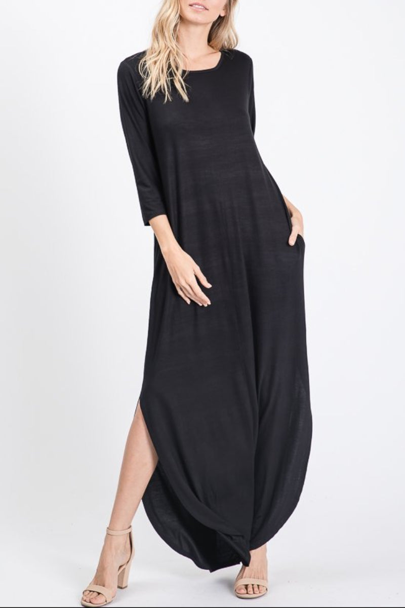 PLUS SIZE THREE QUARTER SLEEVE ROUND NECK SOLID MAXI DRESS*