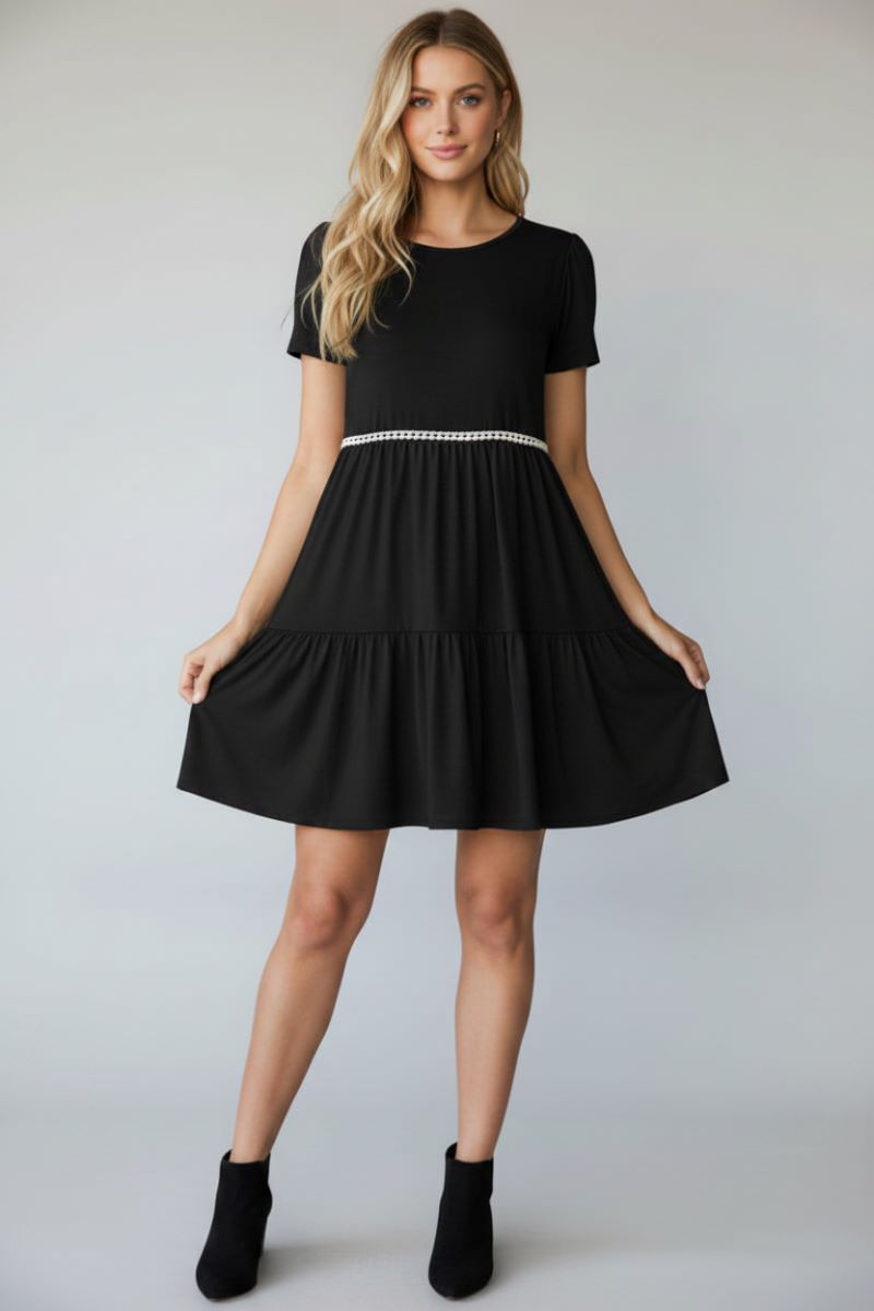 TIERED POMPOM LACE DETAIL MINI DRESS HMED6730S