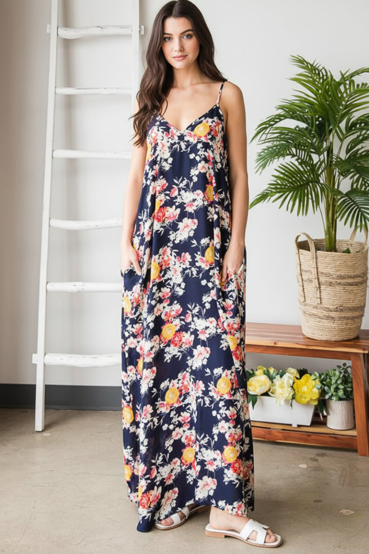 SLEEVELESS V NECK MULTI COLOR FLORAL PRINT MAXI DRESS