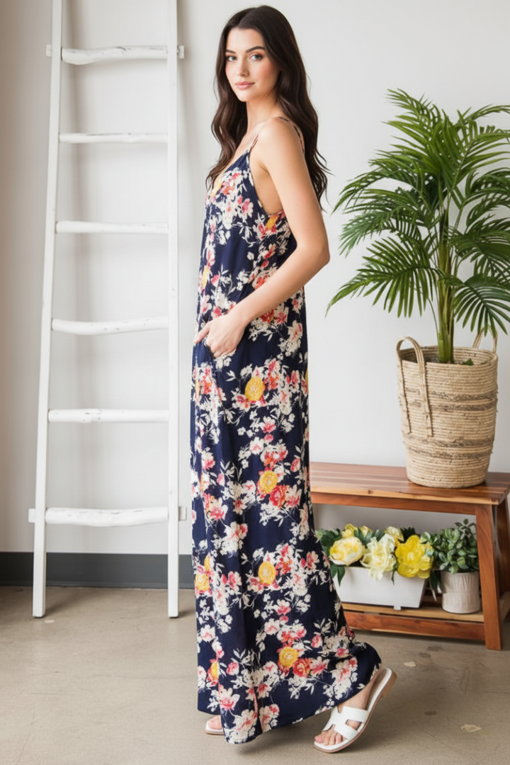 SLEEVELESS V NECK MULTI COLOR FLORAL PRINT MAXI DRESS