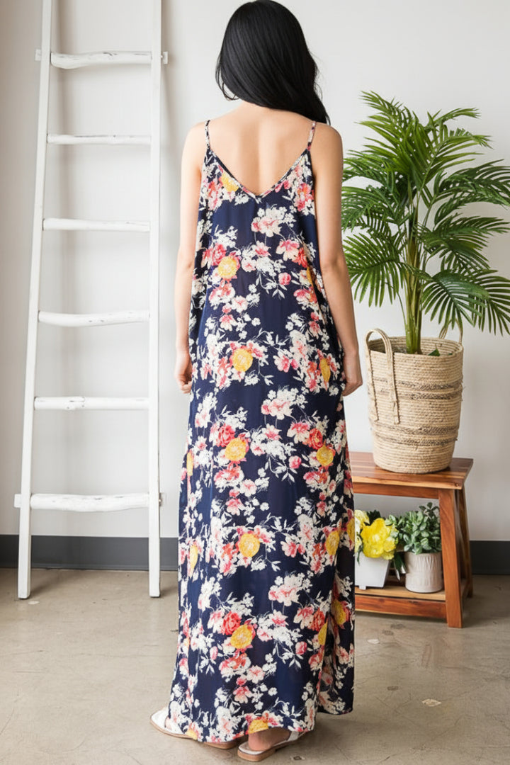 SLEEVELESS V NECK MULTI COLOR FLORAL PRINT MAXI DRESS