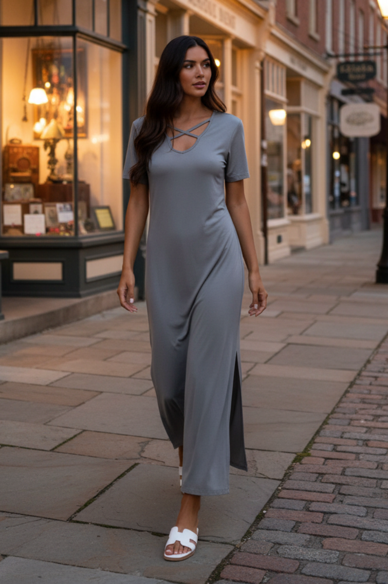 SHORT SLEEVE CRISSCROSS V NECK SOLID MAXI DRESS HMSD1271S