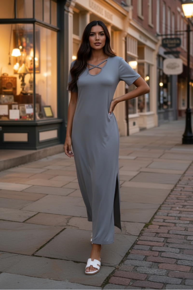 SHORT SLEEVE CRISSCROSS V NECK SOLID MAXI DRESS HMSD1271S