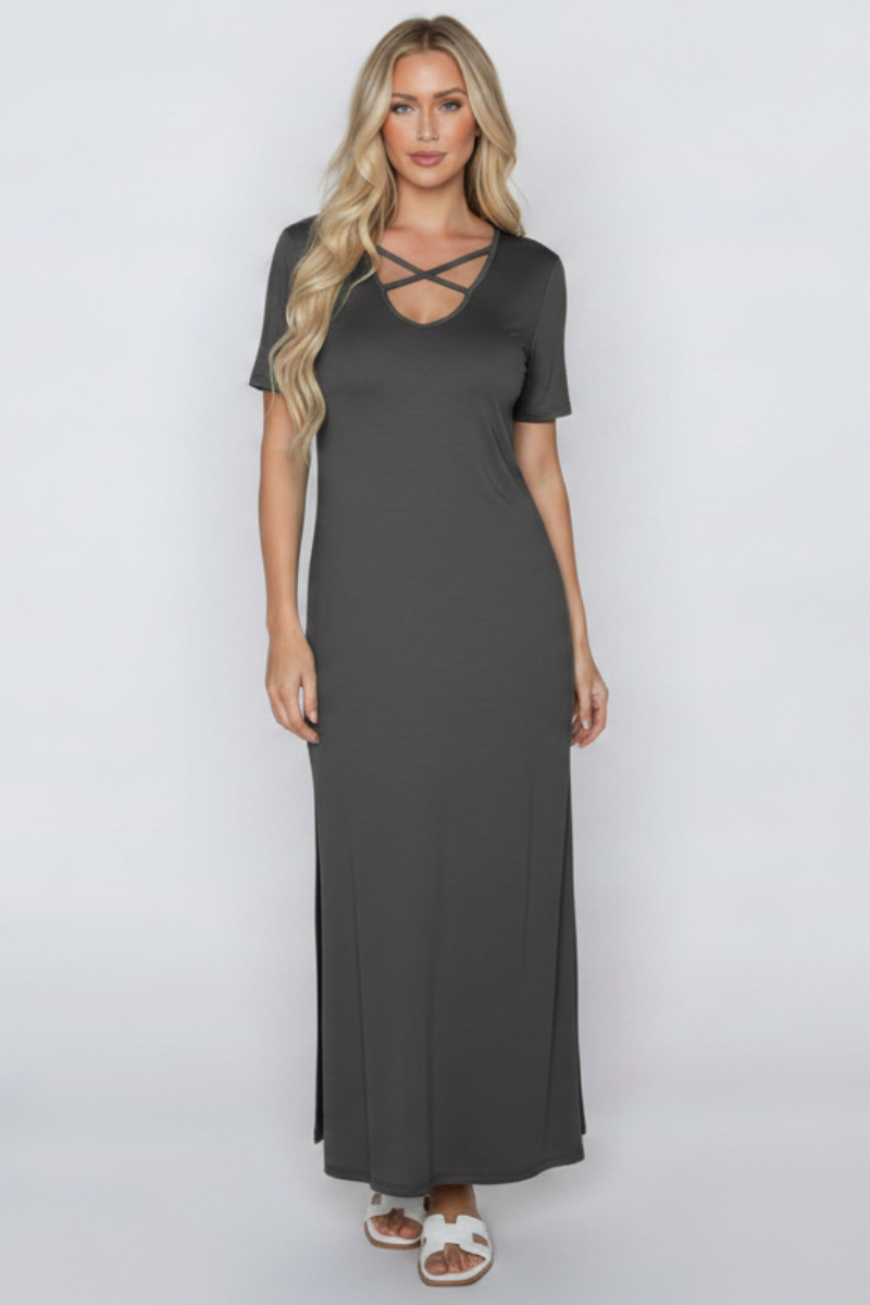 PLUS SIZE SHORT SLEEVE CRISSCROSS V NECK SOLID MAXI DRESS HMSD1271S-