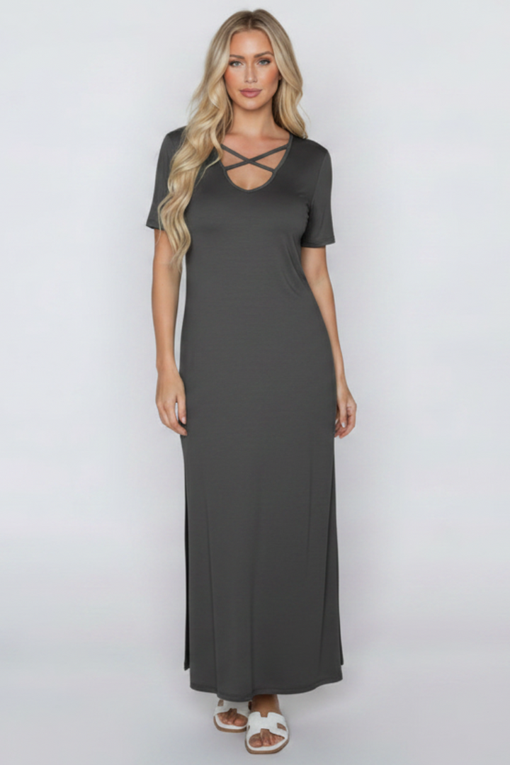 PLUS SIZE SHORT SLEEVE CRISSCROSS V NECK SOLID MAXI DRESS HMSD1271S-