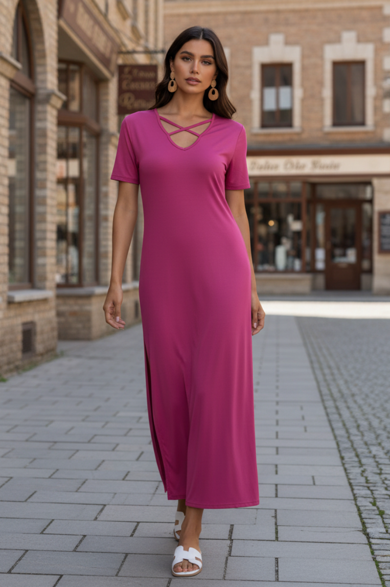 PLUS SIZE SHORT SLEEVE CRISSCROSS V NECK SOLID MAXI DRESS HMSD1271S-