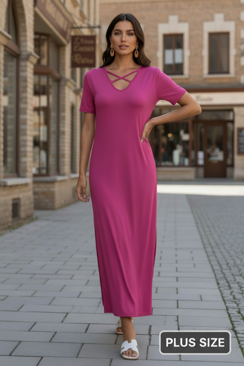 PLUS SIZE SHORT SLEEVE CRISSCROSS V NECK SOLID MAXI DRESS HMSD1271S-