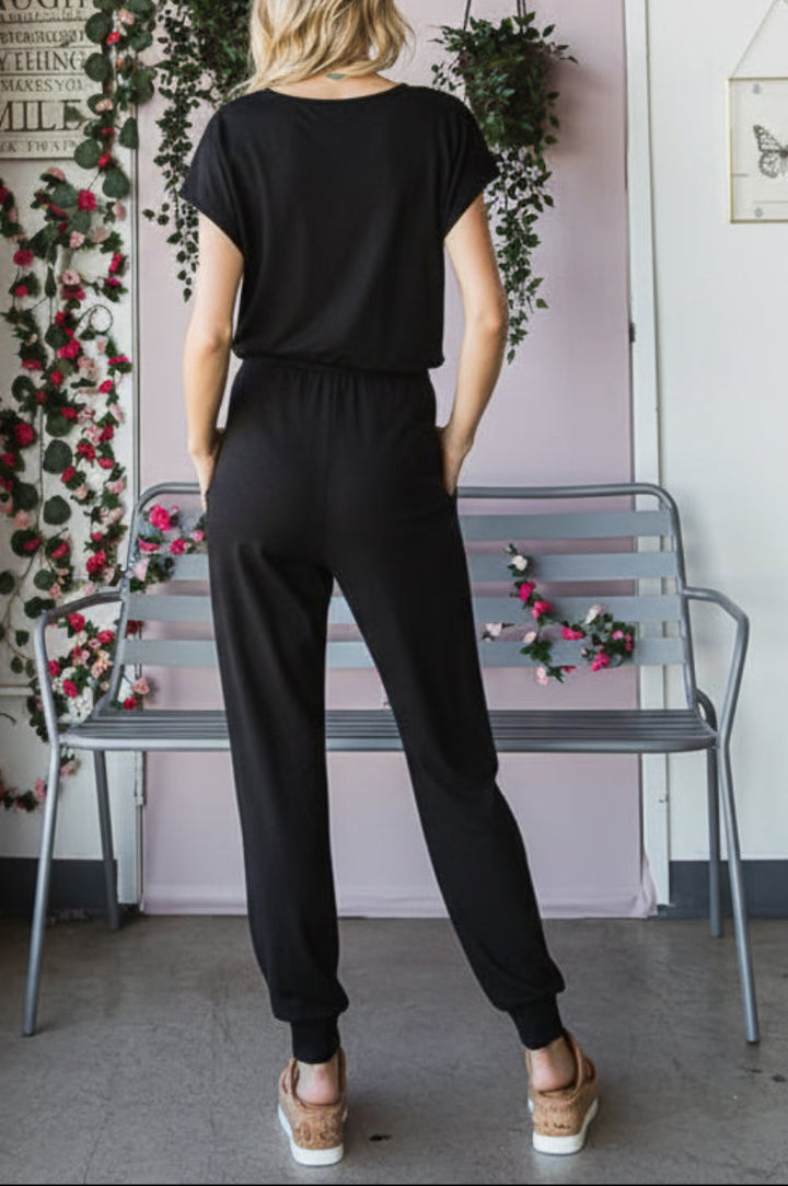 PLUS SIZE SHORT SLEEVE V NECK SOLID JUMPSUIT*