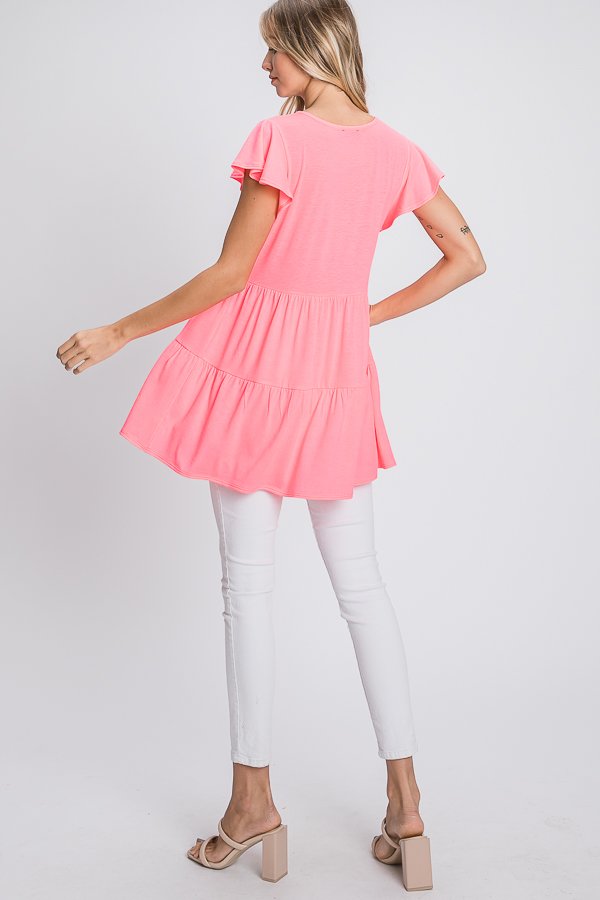 BUTTERFLY SHORT SLEEVE ROUND NECK SOLID BULGARI TIERED TOP