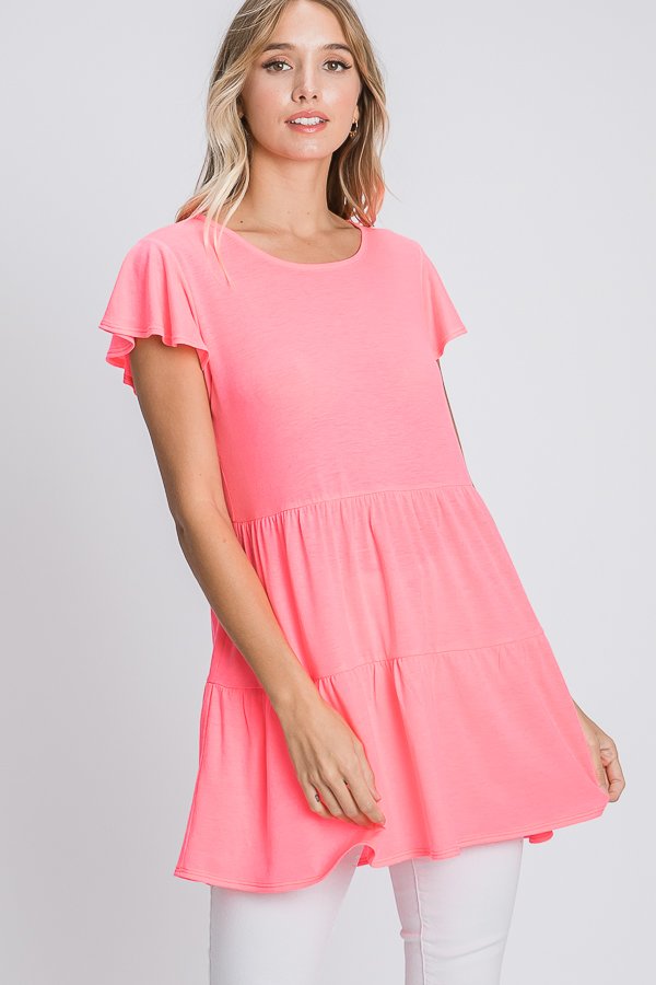 BUTTERFLY SHORT SLEEVE ROUND NECK SOLID BULGARI TIERED TOP