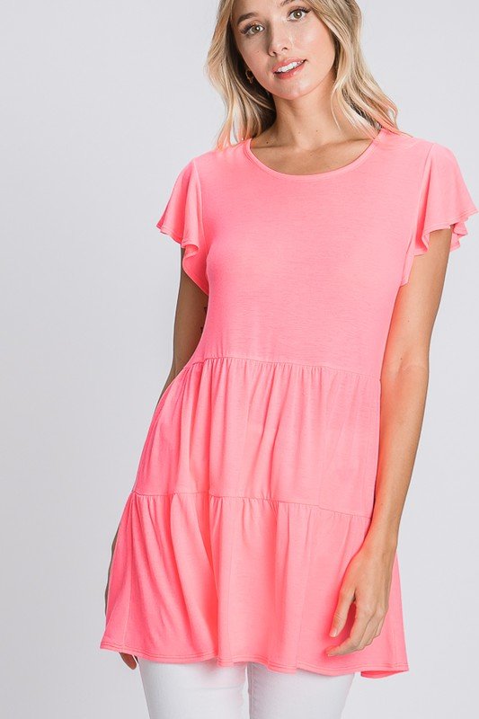 BUTTERFLY SHORT SLEEVE ROUND NECK SOLID BULGARI TIERED TOP PLUS SIZE