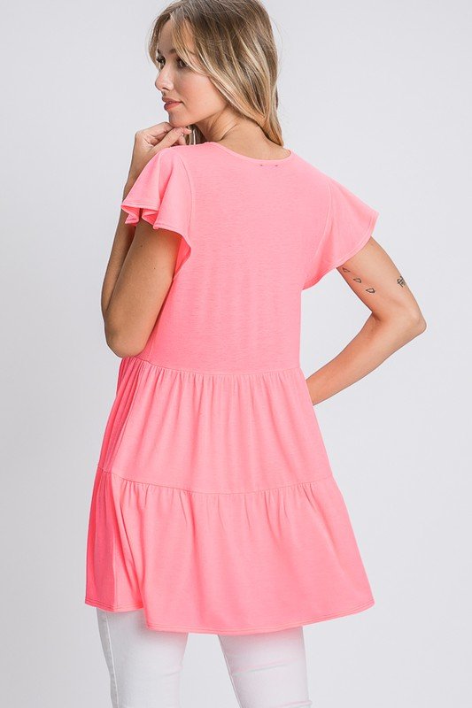 BUTTERFLY SHORT SLEEVE ROUND NECK SOLID BULGARI TIERED TOP PLUS SIZE