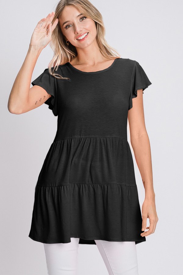 BUTTERFLY SHORT SLEEVE ROUND NECK SOLID BULGARI TIERED TOP