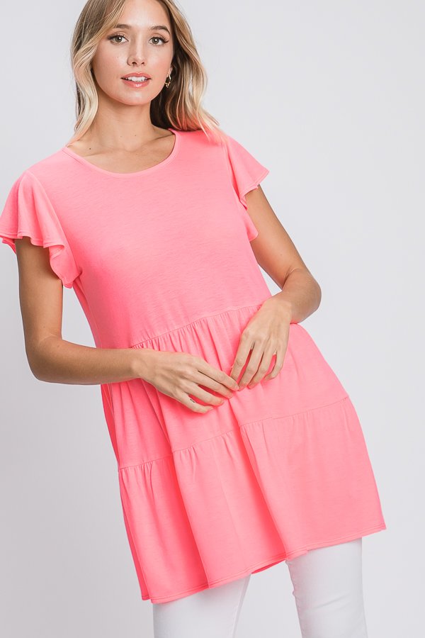 BUTTERFLY SHORT SLEEVE ROUND NECK SOLID BULGARI TIERED TOP