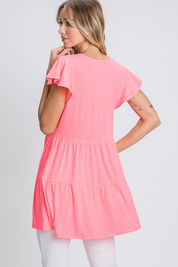 BUTTERFLY SHORT SLEEVE ROUND NECK SOLID BULGARI TIERED TOP