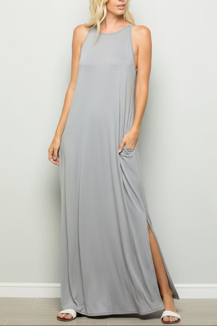 PLUS SIZE SLEEVELESS SOLID MAXI DRESS WITH SIDE SLIT*