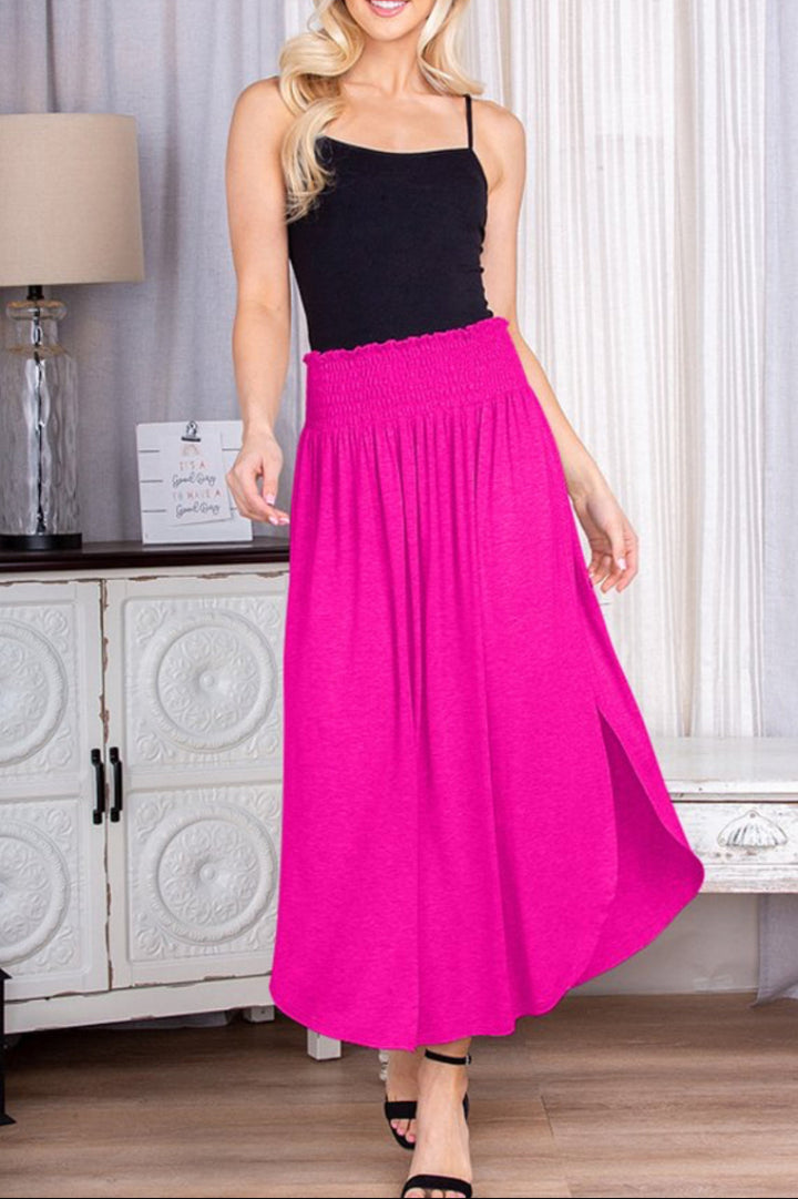 SOLID ROUND HEM MIDI SKIRT WITH SMOCKED WAIST