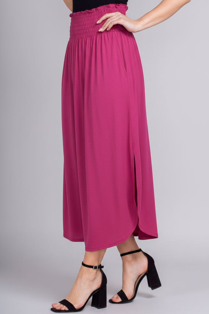 SOLID ROUND HEM MIDI SKIRT WITH SMOCKED WAIST HMES6100
