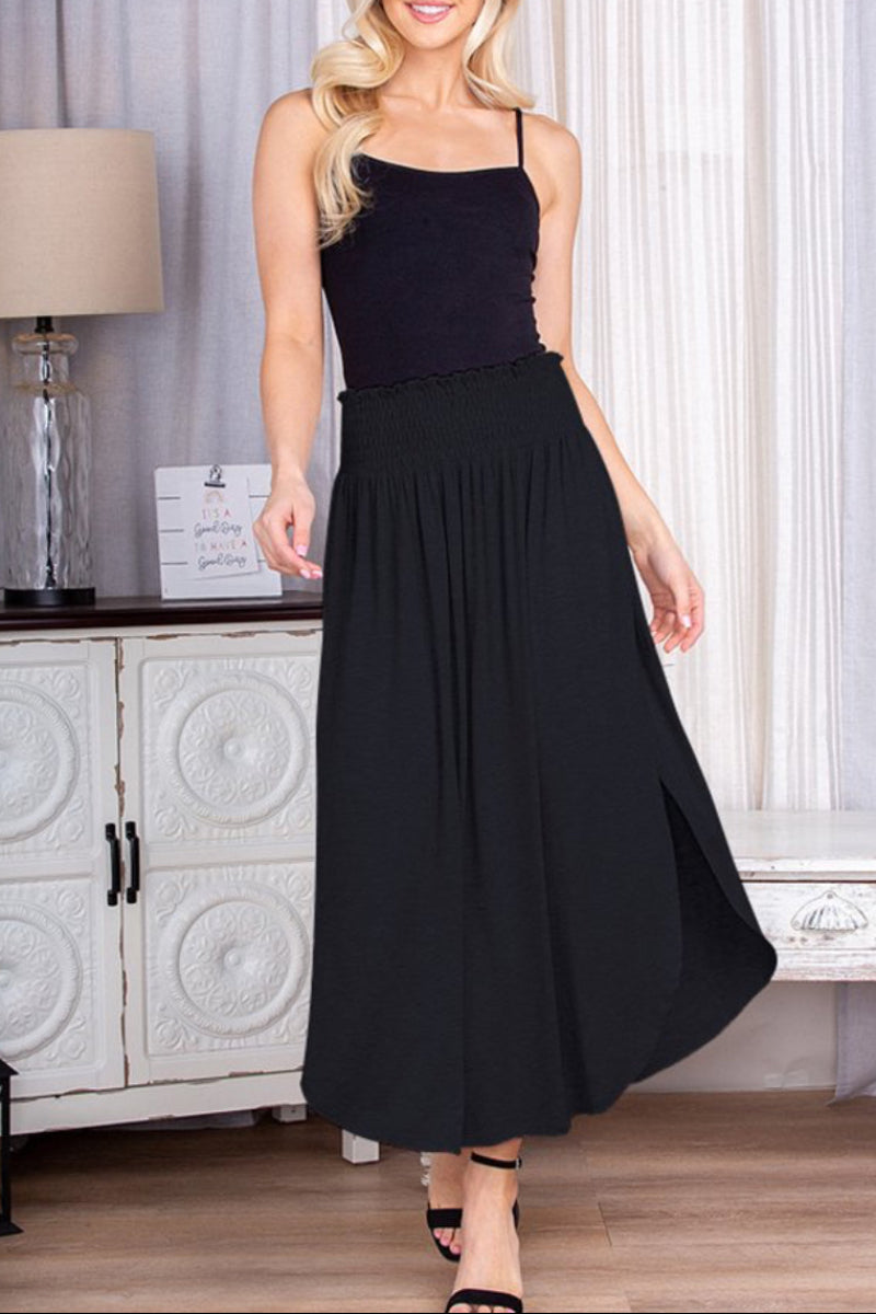 SOLID ROUND HEM MIDI SKIRT WITH SMOCKED WAIST