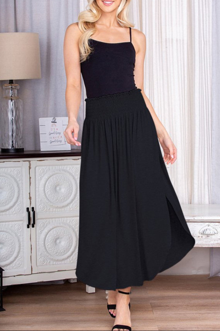 SOLID ROUND HEM MIDI SKIRT WITH SMOCKED WAIST