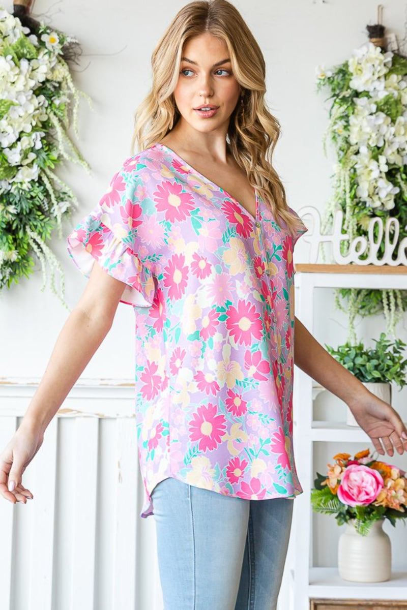 RUFFLED V NECK FLORAL PRINT TOP WITH BUTTON
