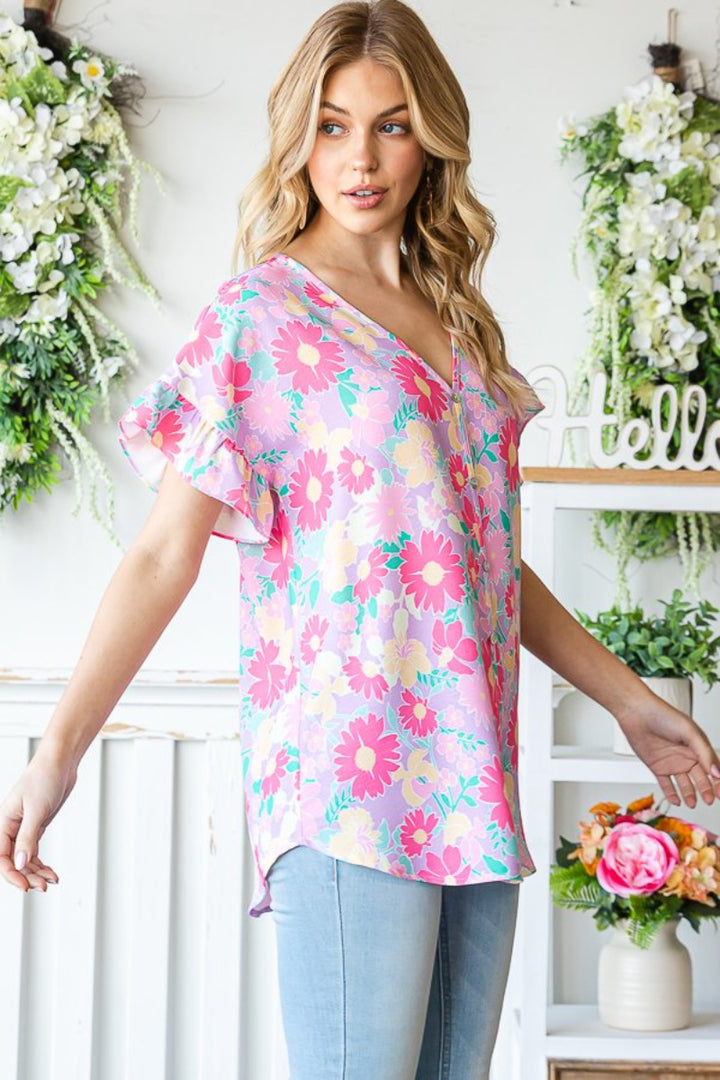 RUFFLED V NECK FLORAL PRINT TOP WITH BUTTON