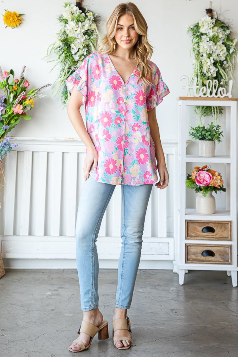 RUFFLED V NECK FLORAL PRINT TOP WITH BUTTON