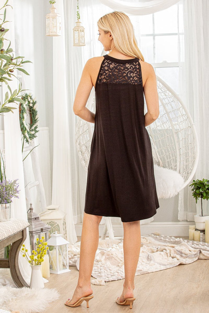 SLEEVELESS ROUND NECK SOLID AND LACE CONTRAST DRESS-HMED6504S