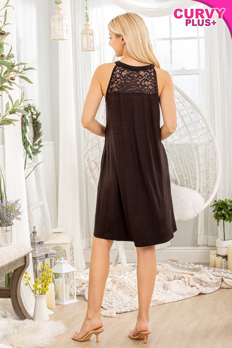 SLEEVELESS ROUND NECK SOLID AND LACE CONTRAST PLUS SIZE DRESS-HMED6504S
