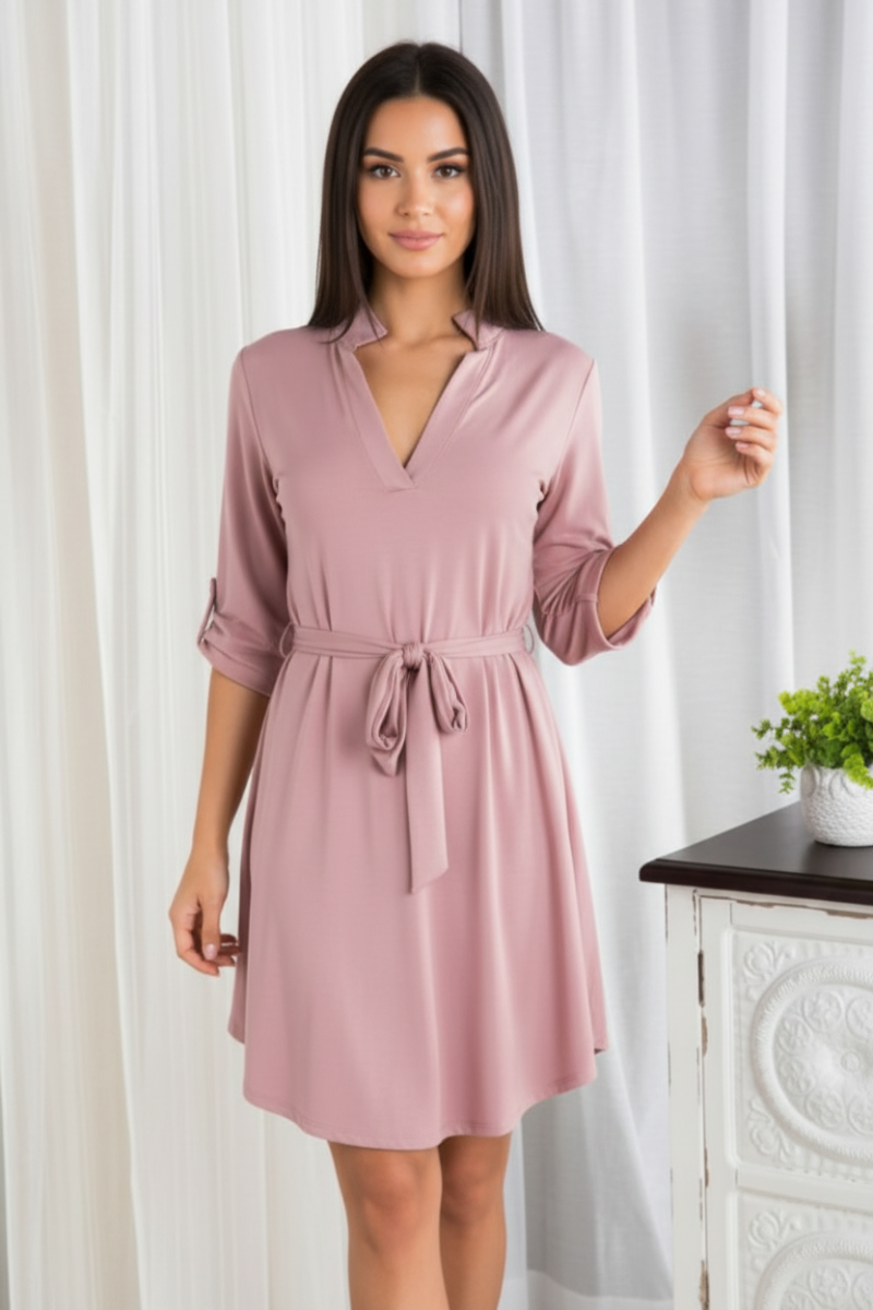 PLUS-MANDARIN COLLAR SOLID MINI DRESS