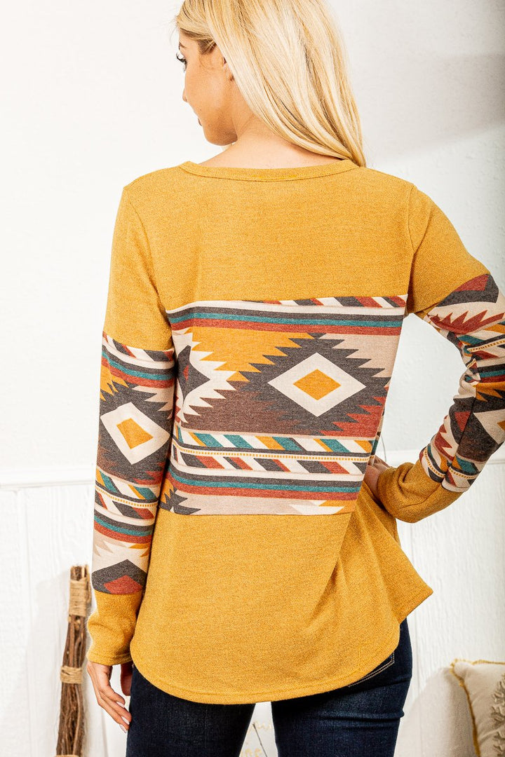 AZTECH PRINT LONG SLEEVES ROUND HEM TOP