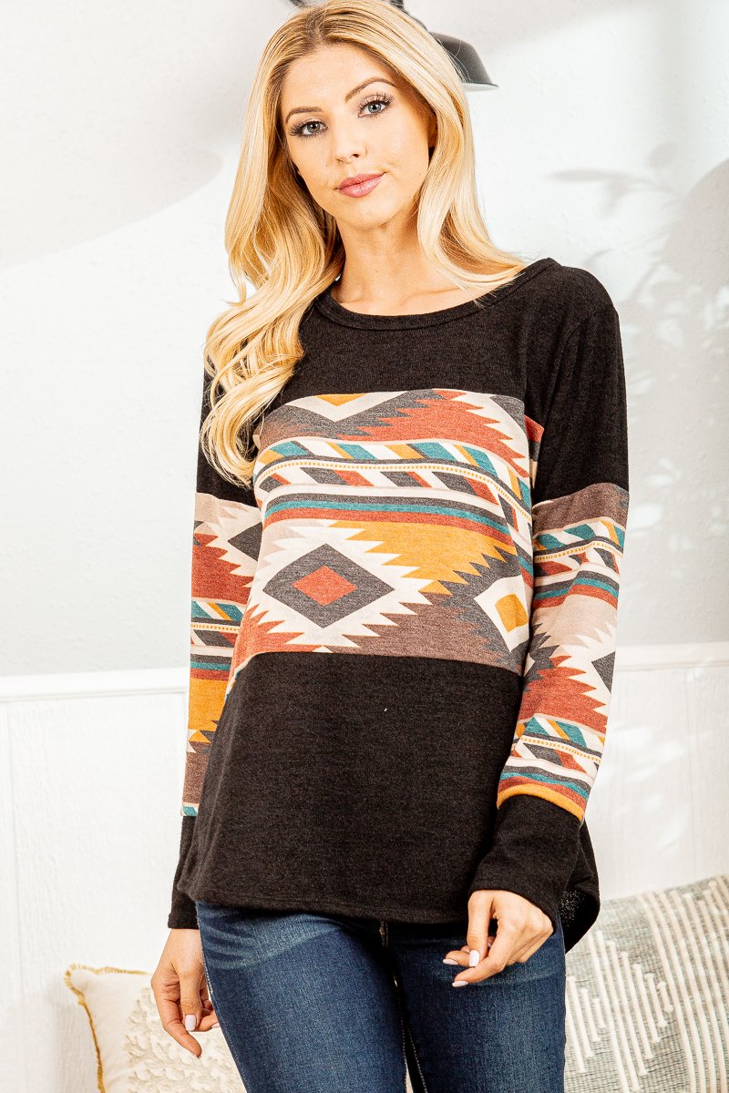 AZTECH PRINT LONG SLEEVES ROUND HEM TOP